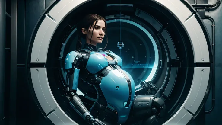 Female mechanical futuristic robot with an artificial womb with a baby inside, pregnant with a human baby on her transparent belly, human baby inside a watery chamber, in the style of Hideo Death Stranding, maximum details, high quality, Robot, in Cyberpun...