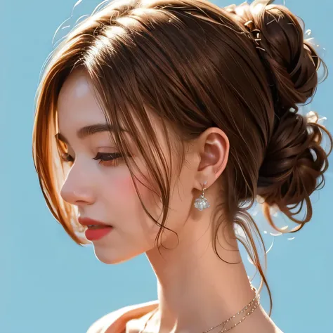 (masterpiece, highest quality, highest quality), (((Perfect body))),profile,Shaggy Hair,Middle Hair,Hair Bun,Light blue and red hair,Lace camisole,beautifully,Mysterious:1.2, (One Girl:1.3), Very detailed, Mature Woman,A kind smile, (Mouth closed), (highes...