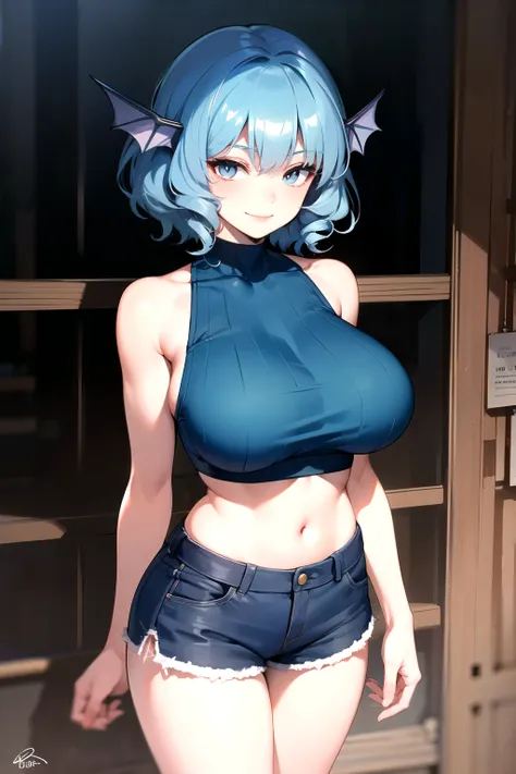 wakasagihime, 1women, age 20, big breast, thick, big head, short,white eyes, blind, blue hair, short hair, head fins, sleeveless crop top, short shorts, focus, seductive smile, masterpiece, best quality, standing strong, (fit:0.9), (muscular:0.7).