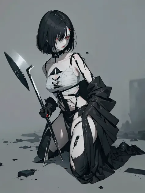 dark art, dark girl, short hair, pale hair, pale skin, long black skirt, black cloth bandages, red handkerchief, black scars, shield style hairpin, kneeling down, head down, black liquids, abandoned environment, highly detailed