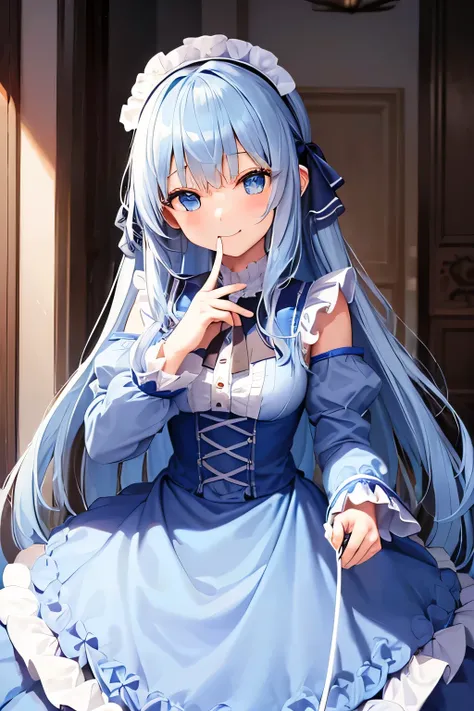 one girl、light blue long hair、blue eyes、jersey maid costume、frills、Cute sleeves、naughty smile、conscious gesture、inside the house、plug in light、in the house、Detailed background、(Highest quality high resolution)、((Masterpiece of the highest quality:1.2)), [[...