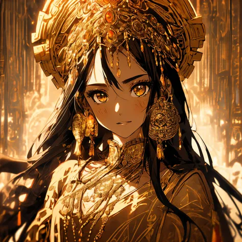 A stunning Aztec princess sits regally on a grand stone throne, its surface adorned with intricate cultural Aztec carvings, golden inlays, and decorative skull motifs. Her long, flowing black hair cascades over her shoulders, framing her radiant, honey-col...