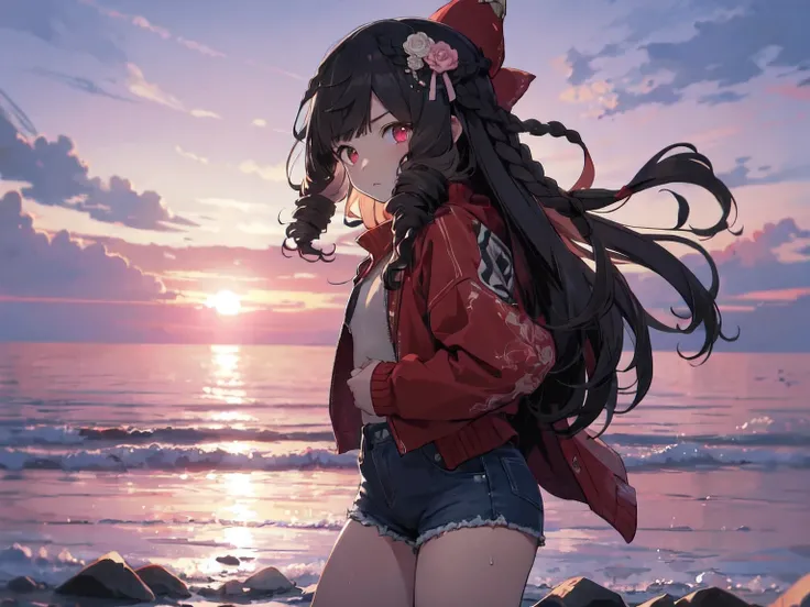 Alone, 1 girl,Human Ear、 (Red eyes)、(Short stature、 flat chested)、(Vertically wound roll、Vertical Roll、 long hair、 tie the hair on the back of the head with a big red ribbon、Flower hair ornaments on the bangs )、(Serious face)、( lie on your back on a float...