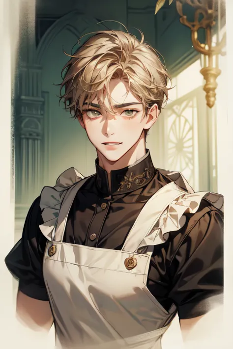 (( top quality on hand)), ((masterpiece)), (Sophistication), 1 boy ,  Light brown hair, white and mint-colored eyes ,  There is a man wearing a shirt and apron ,  A beautiful and masculine prince ,  delicate and neutral prince , Male portrait, A cute man i...