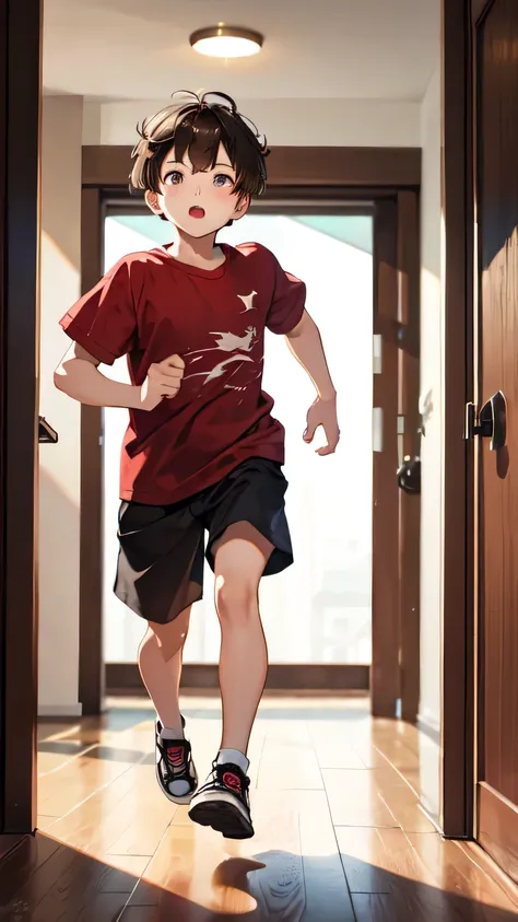 Short  brown-haired boy running inside the house