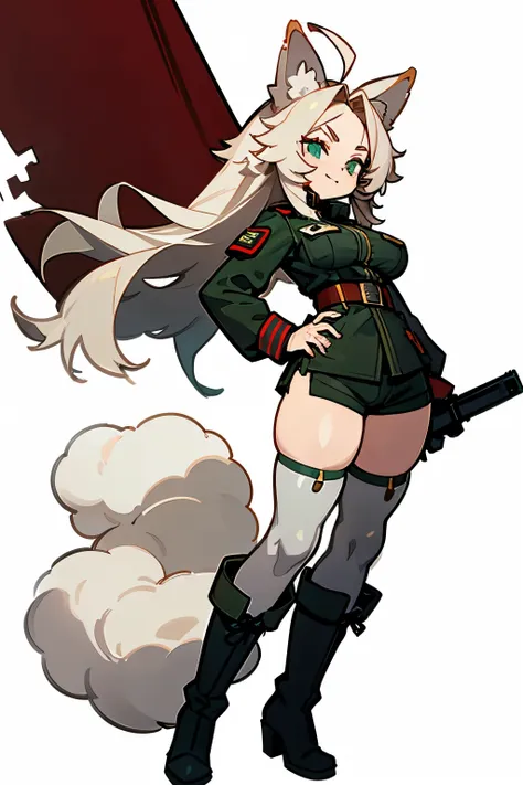 girl with long spiky hair, cute girl, whiteish blonde long hair, floppy dog ears, cute dog, long boots, fluffy, fluffy spiky hai...