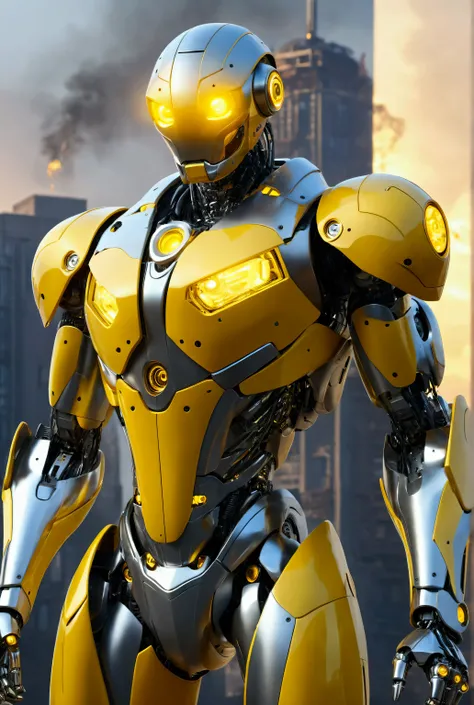 An ultra modern yellow Apollobot robot with silver details, Masculine,  smoke screen , LED eyes ,  futuristic designer , HD,  High resolution, colorful background with buildings. 
