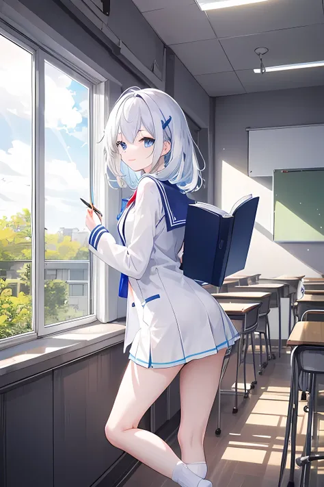  female high school student with long thighs and legs 、uniform、long white socks 、Indoor shoes、 long white hair、Blue Eyes、smile、 opens your eyes 、School corridor、School corridorの窓の横を歩いている、 there is a thin light coming through the window 、 holding a notebook...