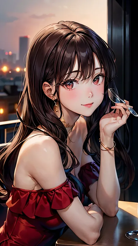 A stunning woman in her 20s with long, wavy dark brown hair cascading over her shoulders and alluring hazel eyes, designed with an anime-inspired face featuring large, expressive eyes, soft gradients in the irises, and a slightly smaller, stylized nose and...