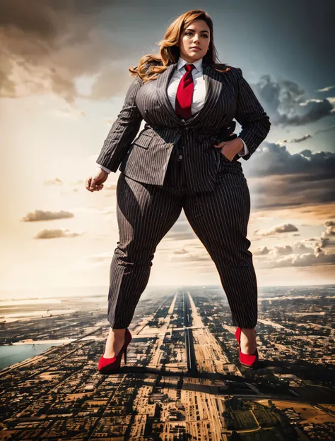A sophisticated and stylish woman in a grey pinstriped trouser suit, white shirt, and a large wide necktie in a windsor knot, with a beautiful, curvaceous figure, massive breasts, and long ginger hair, with a curvaceous figure and massive breasts. wearing ...