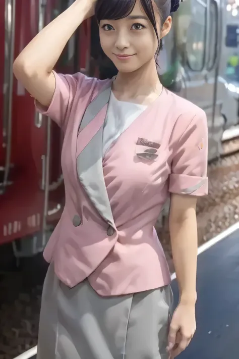 (masterpiece:1.2, best quality:1.2), 32kHDR, there is nothing, (Alone、 1 girl)、( Rooftop of a building during the day 、 professional lighting)、With the roof of the building in the background 、( Nankai train crew uniform real style wearing pink )、(( Nanka...