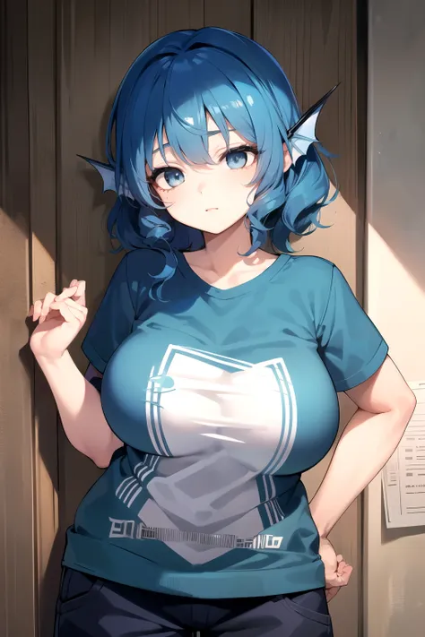 wakasagihime, 1women, age 20, big breast, thick, big head, short, 4'11,white eyes, blind, blue hair, short hair, head fins, t-sh...