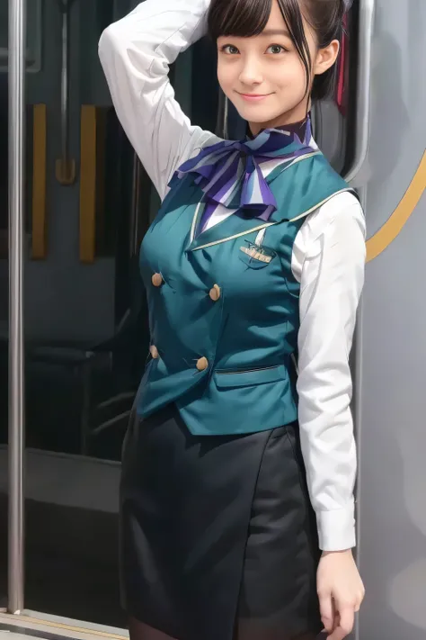 (masterpiece:1.2,  best quality:1.2), 32kHDR,  kampala, (Alone、  1 girl)、（What is 、  professional lighting）、In-flight background、（Nankai Train crew uniformを着たリアルなスタイル）、（（Nankai train crew uniform green vest））、（（ Nankai train crew uniform collarless white l...