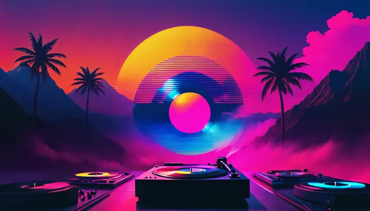 vinyl records,Vaporwave Aesthetic style, synthwave,
