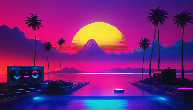 vinyl records,Vaporwave Aesthetic style, synthwave,