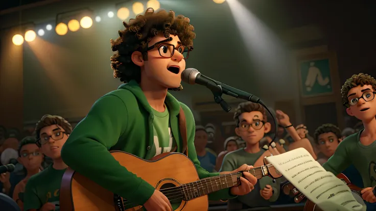 " A man performs at a small gym .  He sings into the microphone with long green eyes ,  short curly hair and small round glasses, while a small audience watches .  The scene is illuminated by warm lights ,  captured by a high-quality DSLR camera ,  movie-s...