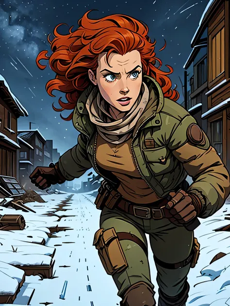 Flat colours, close-up of Amy Manson as a post-apocalyptic bounty hunter, running through ruined city, chased, being shot at, practical winter clothing, multicam winter jacket, night, snow, curly redhead