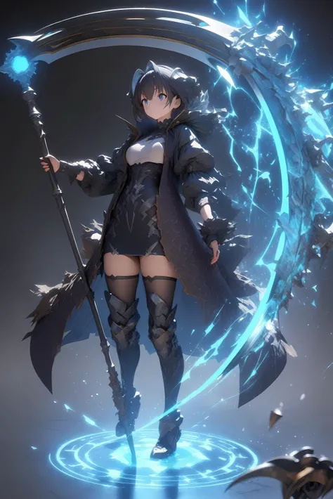 He wields a large scythe twice the size of his body. Anime illustration of a girl. The scythe has a complicated pattern. dynamic angle. minimalist background. Octane rendering. masterpiece, best quality, extremely detailed CG unity 8k wallpaper