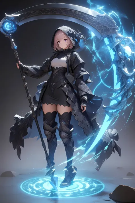 He wields a large scythe twice the size of his body. Anime illustration of a girl. The scythe has a complicated pattern. dynamic angle. minimalist background. Octane rendering. masterpiece, best quality, extremely detailed CG unity 8k wallpaper