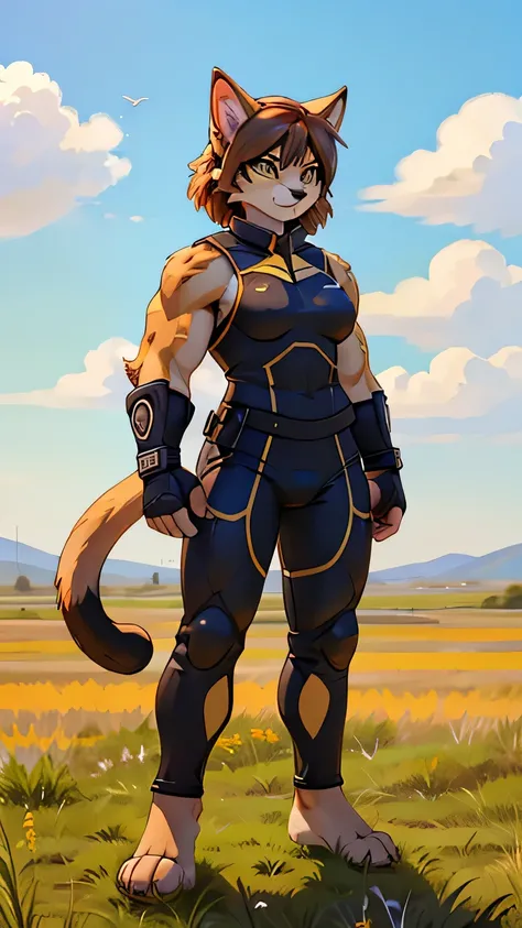 Furry cat muscular woman standing in a plains field with a fighing pose, using a full body black fighting uniform, barefoot, full body view