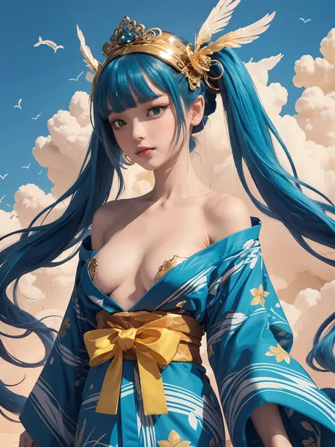 girl, off-shoulder naked short yukata, super intricate detailed ornate design, breasts, wing embellishment, detailed wing feathers, long twintails, flat bangs, looking at viewer, intricate golden facet headpiece, pearl earring, plastron obi accesories, eth...