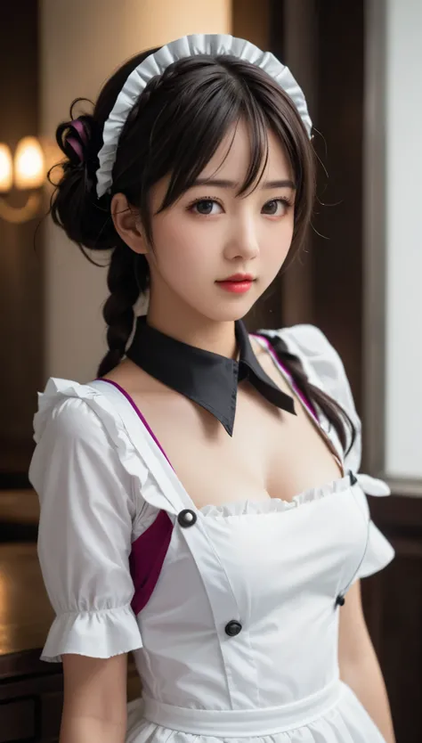 8k, ultra high resolution, best quality, masterpiece, 三分割法によるphotograph, surreal,photograph, one woman,( girl:1.3),cute,cute顔, 細部まで beautiful eyes, 細かく Detailsに,masterpiece,一人の girl:1.2, comet ,Maid cafe staff,cowboy shot,smile,Black hair,twin braids,ID ...