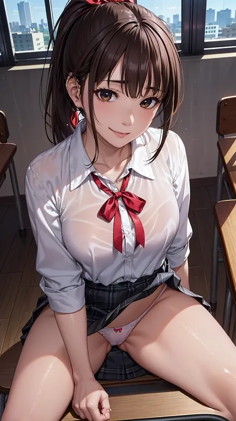 ((masterpiece, Best Quality,  high definition, ー, Pixel perfect,  4K, ))),  one adult woman, Beauty、You can see the full body of a high school student 、 (( ponytail, bangs, Brown Hair)), ((Brown eyes,   beautiful eyelashes ,  REAL EYES  )), ((  detail face...