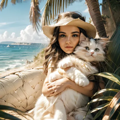 On a beautiful seashore with flowers and palm trees ,  under a starry sunset, a beautiful girl in a beautiful dress ,  gently hugs a big serious white fluffy cat with brown eyes