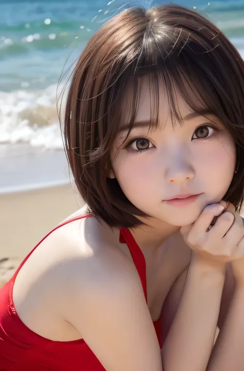      Red cheeks     、Shy、 Light off  、     Beach、    baby bottle available 、 cute、     Short hair 、20 years old、Round Face、 Smile、    she has big breasts    、          Beautiful eyes  、  angry expression 、 touch hair with hands 、      serious expression af...