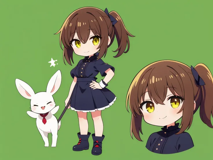 1girl, swept-back hair style, dark brown hair, side short pony tail, yellow eye, smile, happy, opened eyes, chibi, standing, hand on hip, full body, simple background, green background