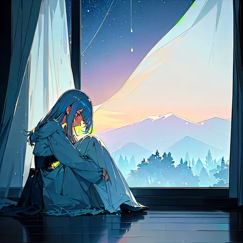 A melancholic close-up image of a young woman sitting by a window in a dimly lit room, illuminated by soft, silver moonlight streaming through sheer curtains. Her tear-filled eyes gaze into the emptiness beyond, while her hand traces a faint pattern on the...