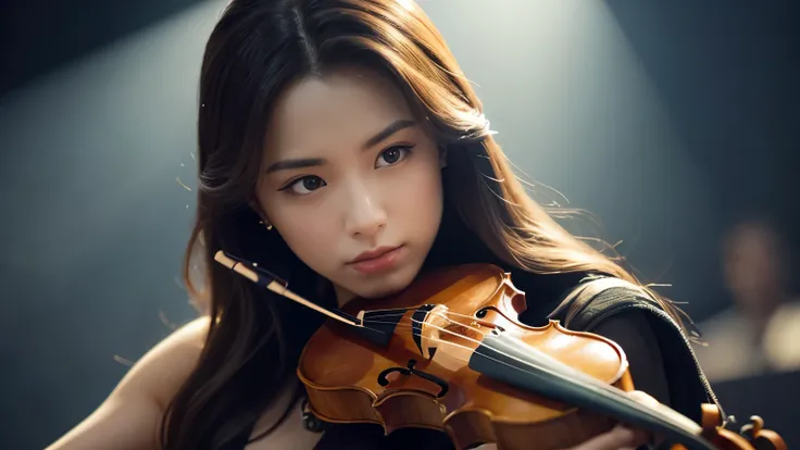 a beautiful female violinist playing in a concert, professional musician, crowd of people, concert stage, high quality photograph, realistic, photorealistic, cinematic lighting, dramatic composition, elegant dress, beautiful detailed eyes, beautiful detail...