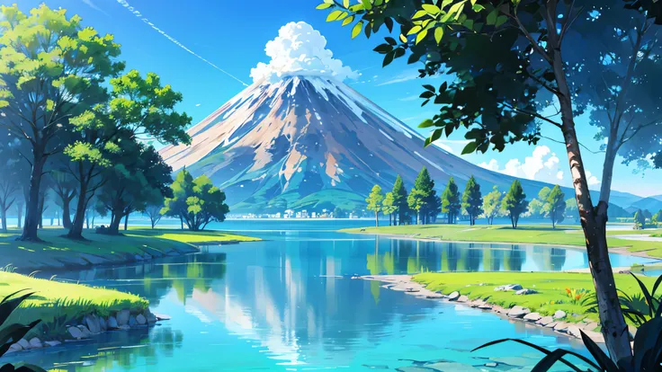 Create a view of a lake with crystal clear water , super details, vegetation and trees blue sky and a volcano in the background