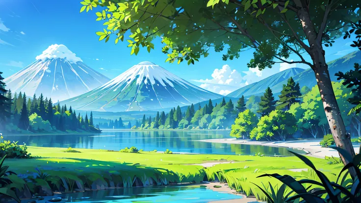 Create a view of a lake with crystal clear water , super details, vegetation and trees blue sky and a volcano in the background, Green-colored volcano with vegetation
Waiting to start