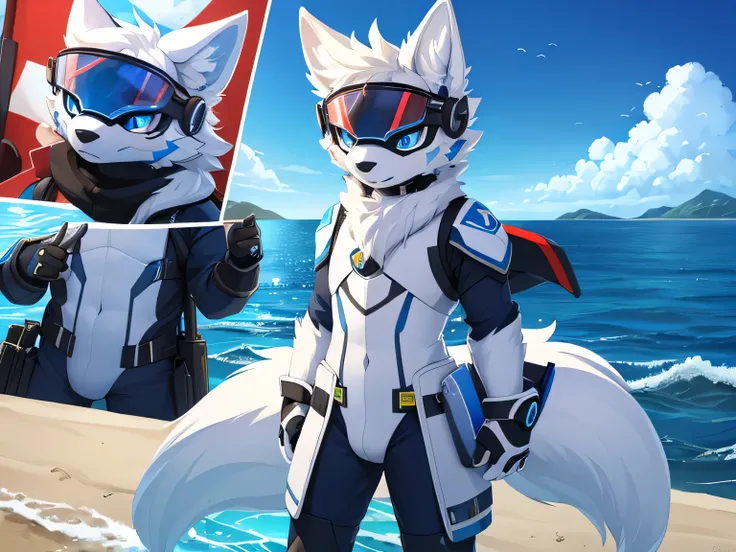 ((best quality, Masterpiece, perfect anatomy, Detailed pictures)), 1 man, arctic protogen,  arctic white wolf, Long visor, blue visor, blue eyes, Big Pong, Future military clothing, fluffy tail, red red, shy, in the sea, front view