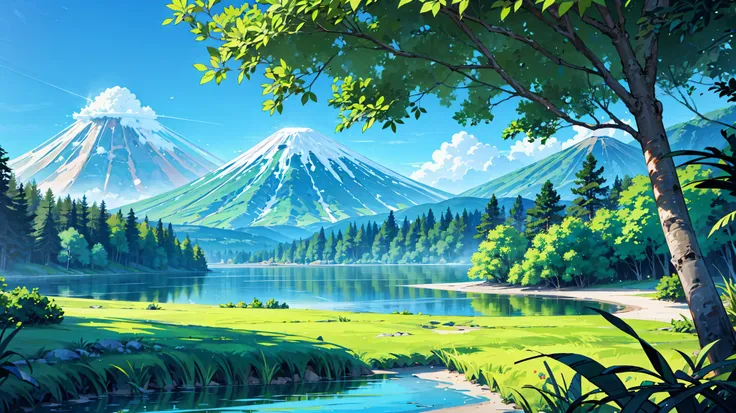 Create a view of a lake with crystal clear water , super details, vegetation and trees blue sky and a volcano in the background, Green-colored volcano with vegetation
Waiting to start