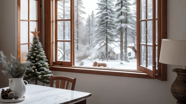 A cozy December scene with a snow-covered cottage surrounded by frosted pine trees. Warm light glows softly from the windows, contrasting with the crisp white snow under a pale gray sky.