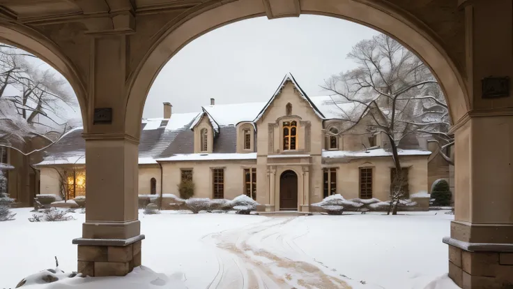 A serene December scene featuring an old stone library surrounded by snow-dusted ivy and barren trees. Warm golden light spills from the tall arched windows, illuminating the gentle snowfall under a pale, overcast sky.