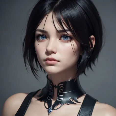 Anatomically Correct, Textured Skin, HD, Short Hair, Undercut Hair, Hair Over One Eye, Black Hair, Lower Lip Piercing, Sapphire Eyes, Closed Mouth, Serious, Upper Lip Scar, Expressionless Eyes, 3D Rendering.