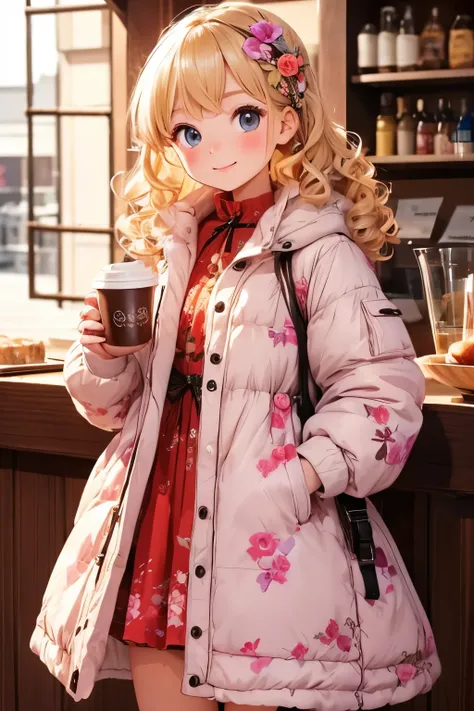  best quality, little very young girl，cute , blonde, Curly hair, evil，Floral Dress， down jacket，I want to drink coffee from the festival night shop， sarcasm ，