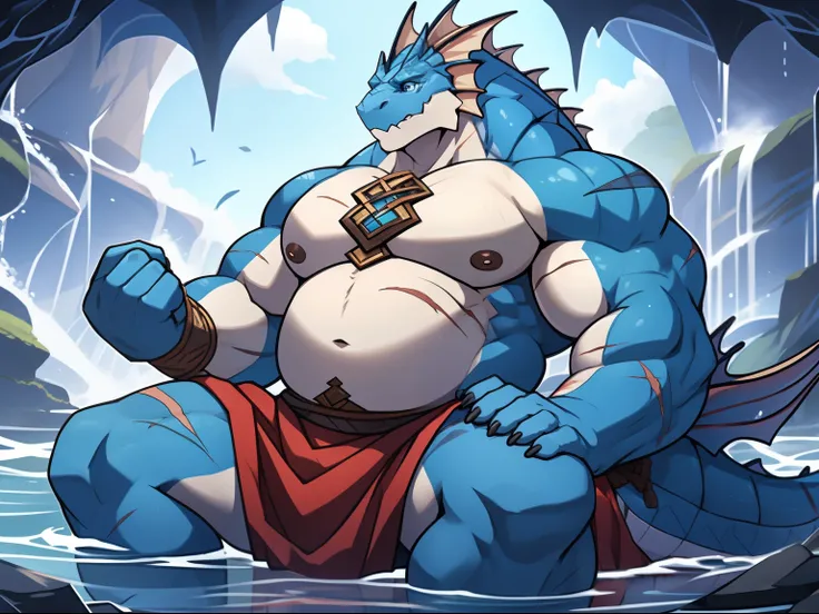 Two guys ，Male, Fishman Warrior，  There are scars on the body ，Headfins , There are fins on the arms ，Confused eyes,  Huge pink areola vortex Enge ,  Thick chubby ,  big biceps , Huge breast,  The generals stomach , Blue eye color， gray-blue scales ， Detai...