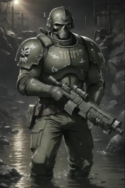 THEPIT, warhammer 40k imperial guardsman, green armor, light armor, shirt, heavy rifle, ammo belt, rugged face, tactical pants, soldier, modern ry,skull, spikes, knee deep water, toxic water, (masterpiece:1.2) (illustration:1.2) (best quality) (detailed) (...