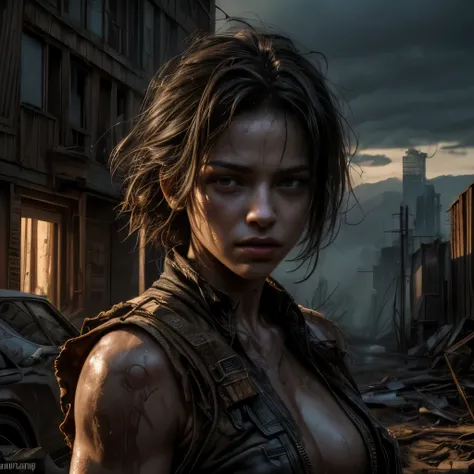 (cowboy shot),a sensual, muscular warrior girl in a post-apocalyptic wasteland, wearing only tattered scraps of cloth, with a fierce expression, (best quality,4k,8k,highres,masterpiece:1.2),ultra-detailed,(realistic,photorealistic,photo-realistic:1.37),hyp...