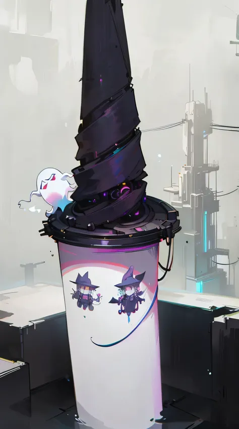 a close up of a paper cup with a halloween hat on it, character with a hat, witch hat, archwizzard in a hat, a witch, witchs hat, witch, wearing a witch hat, stop motion character, wizard themed, ghostly ghost, scary ghost, wearing black witch hat, scarry ...