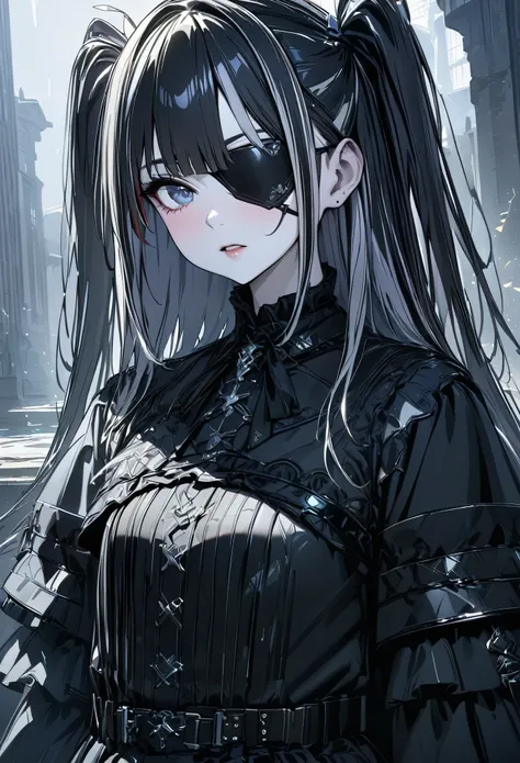 (masterpiece,  best quality :1.2,UHD,High Resolution,Detailed depiction)、 one 18 year old girl 、 for glossy skin、 two side up、 gothic outfit 、Black eyepatch、紫色のstreaked hair