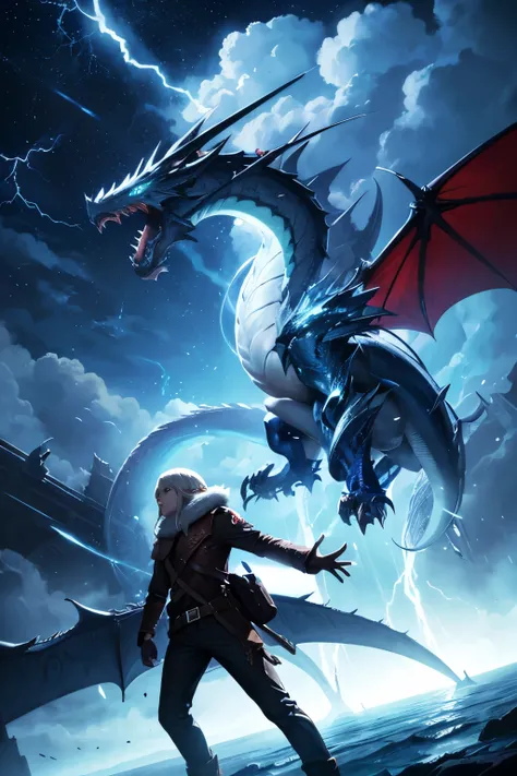 Lightning dragon in the sky with an elf