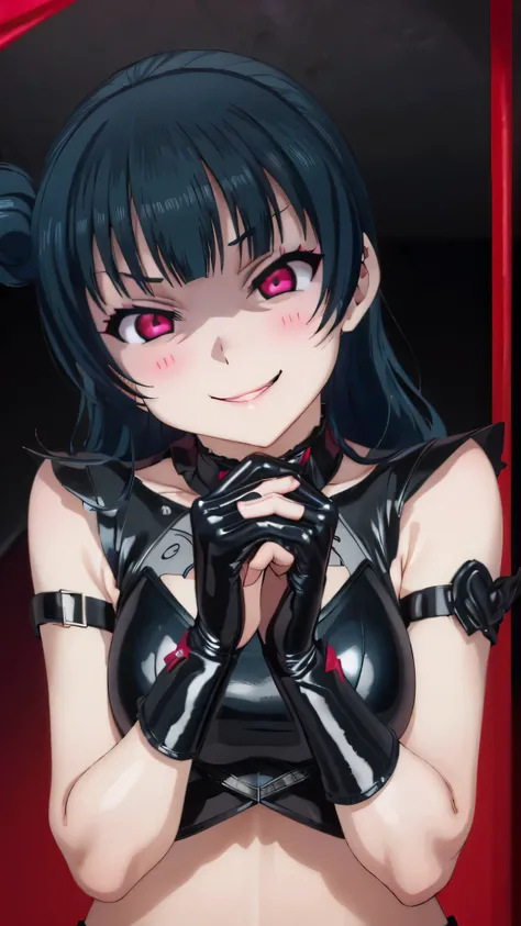 night、lovelive Black Background、Evil background、、Sensual dark light、A shiny black rubber suit that wraps around the body、tall、Upper Body、adult、、Alone、Navy blue hair twin tail drill Volumie、Upper Body、Evil female warrior、Fantasy、Condescending smile、Fallen i...