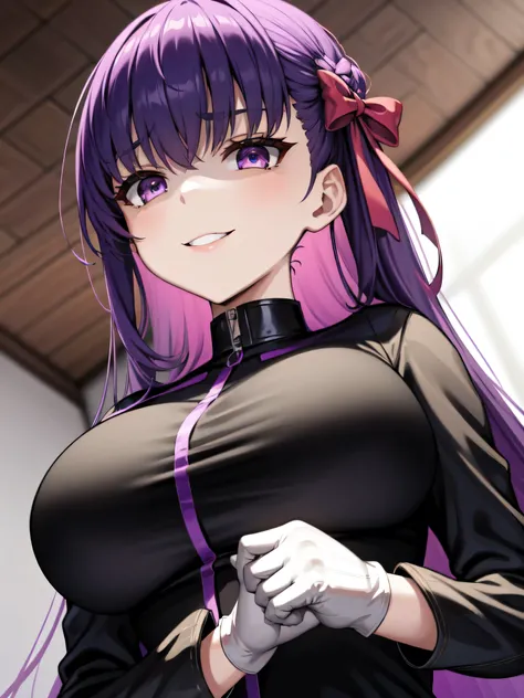  Isoscale, Mid Shot,  night, ,,, Purple Hair, Black jacket, , Red ribbon, Big Breasts, Purple eyes, White gloves, Long Hair, Large collar, evil Smile,,,,Highly detailed CG Unity 8K wallpapers, Perfect lighting,,Looking down at the viewer,,Anxious smile,Bla...