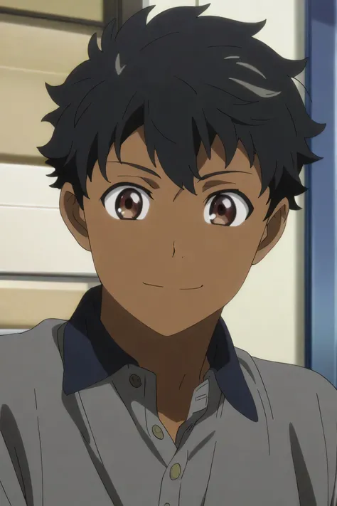 1 boy,  short hair,  black hair , Dark skin, anime, smile,  brown eyes , casual clothes. 