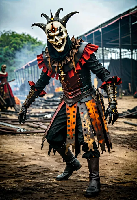 The Ashen Jester prowls the remnants of a carnival lost to time, a horrifying enigma draped in twisted theatricality. Its figure is completely masked by a smooth, porcelain faceplate cracked down the center, revealing nothing but a flickering orange glow w...